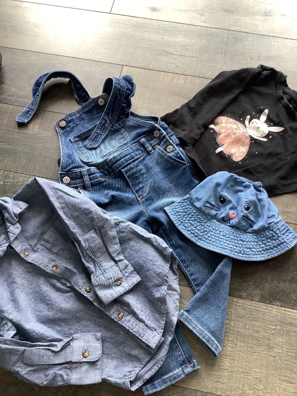 Toddler Bundle, gap overalls, jean shirt, shirt, hat